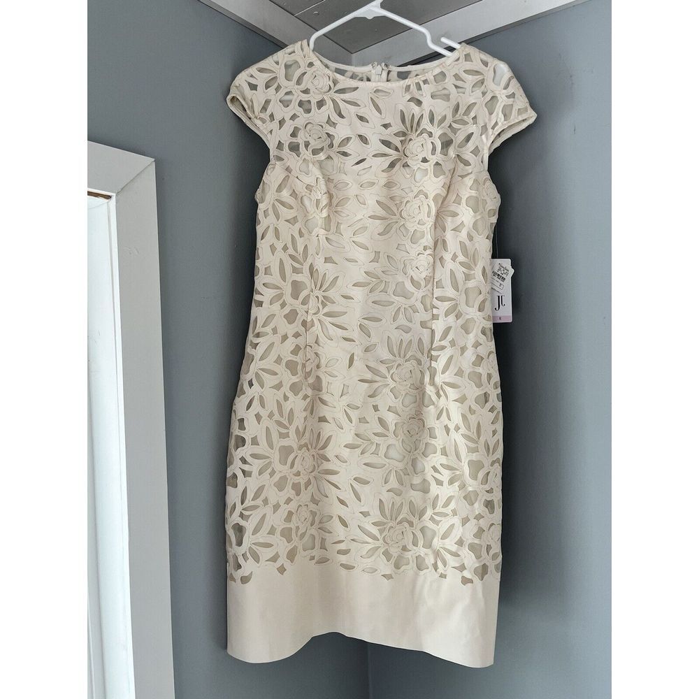 NEW Julia Jordan Cream Faux Leather Lace Cap Sleeves Midi Party Dress NWT Size 6
